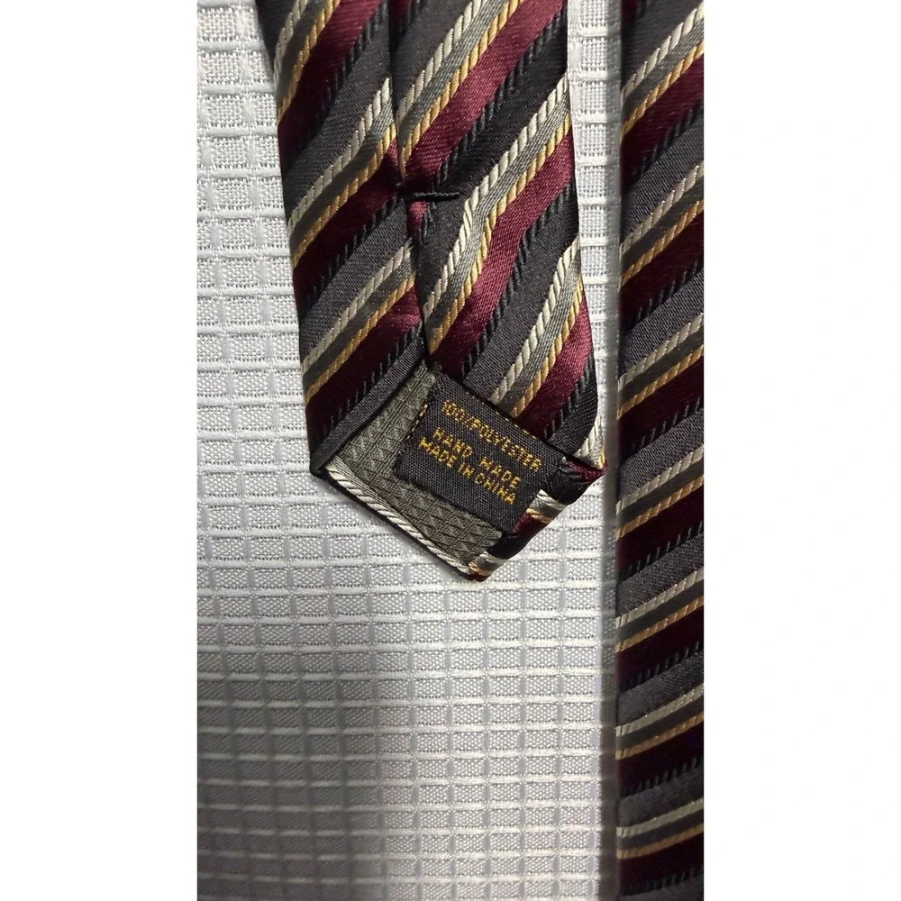 Alexander Julian Colours Silk Tie Burgundy‎ Gray Gold Striped Mens Necktie